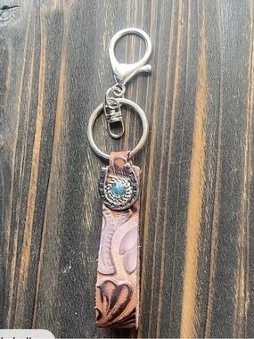 Tooled Leather Wristlet Keychain with Turquoise Accent STILL IN PACKAGE UNOPENED